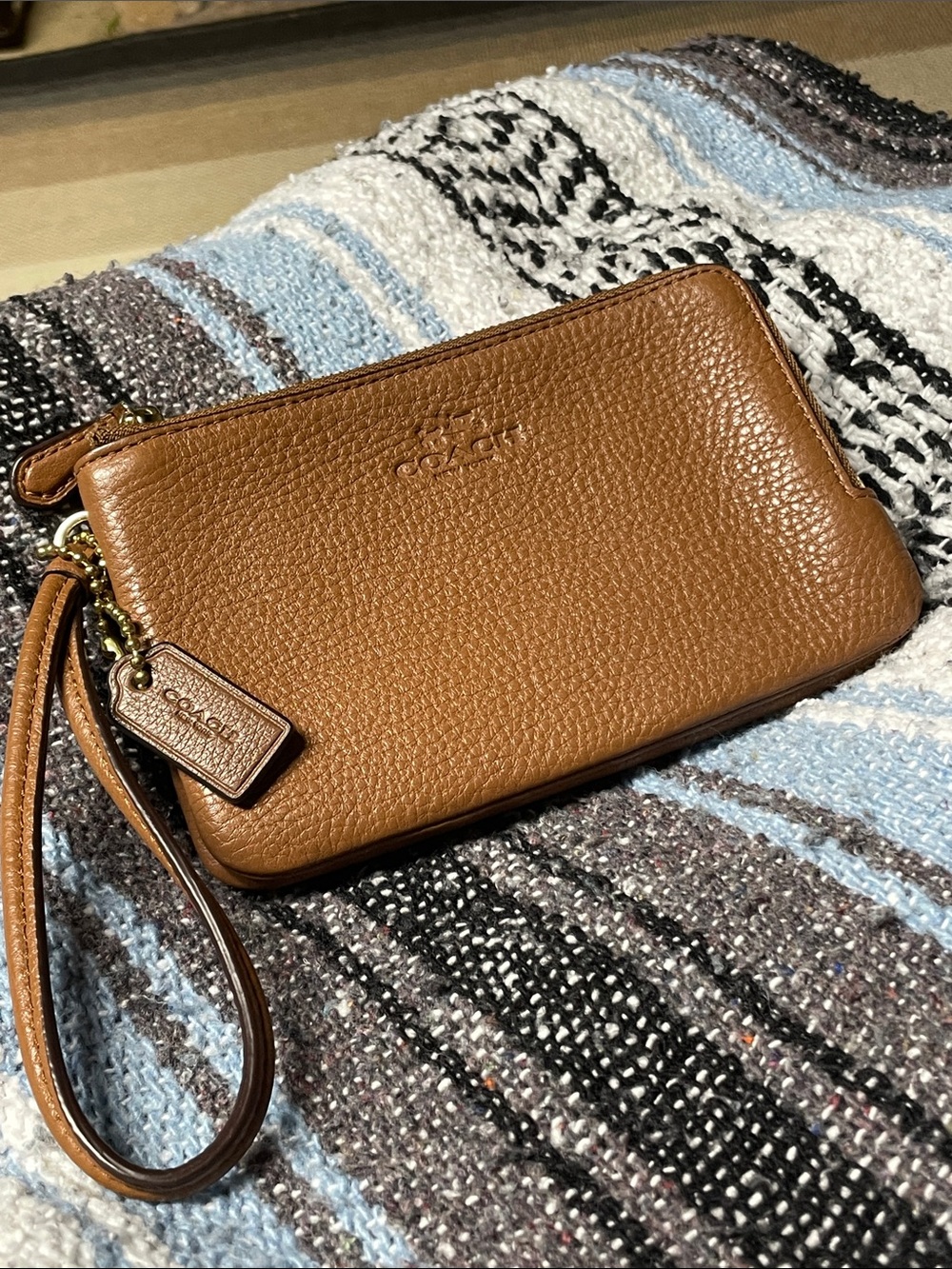 Coach Pebbled Leather Double Zip Wristlet in Chestnut Brown